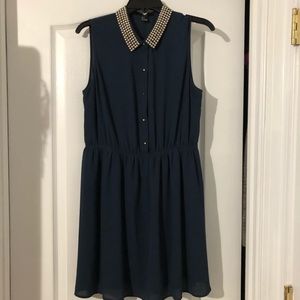 Navy blue button down dress with studded collar